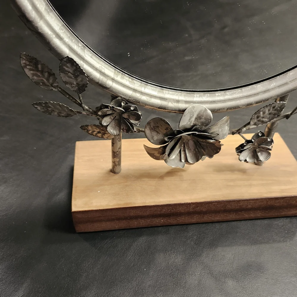 Decorative Silver Floral Round Mirror On Stand- Silver